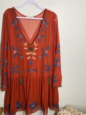 Boho Rust Sheer Long-Sleeve Embroidered V-Neck Dress